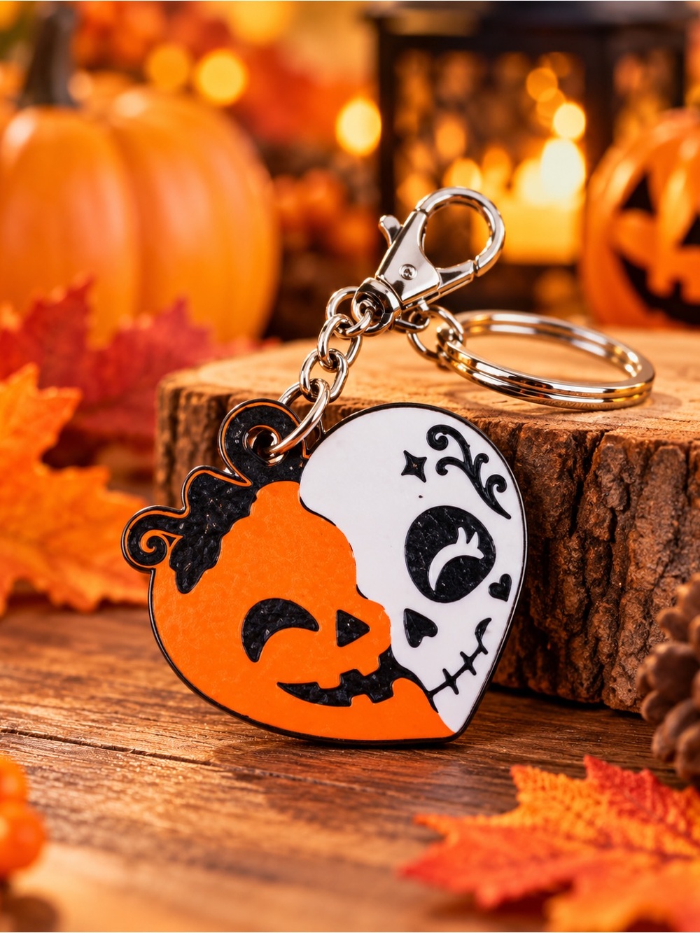 Halloween Pumpkin & Skull Heart Keychain Orange and White Accessory